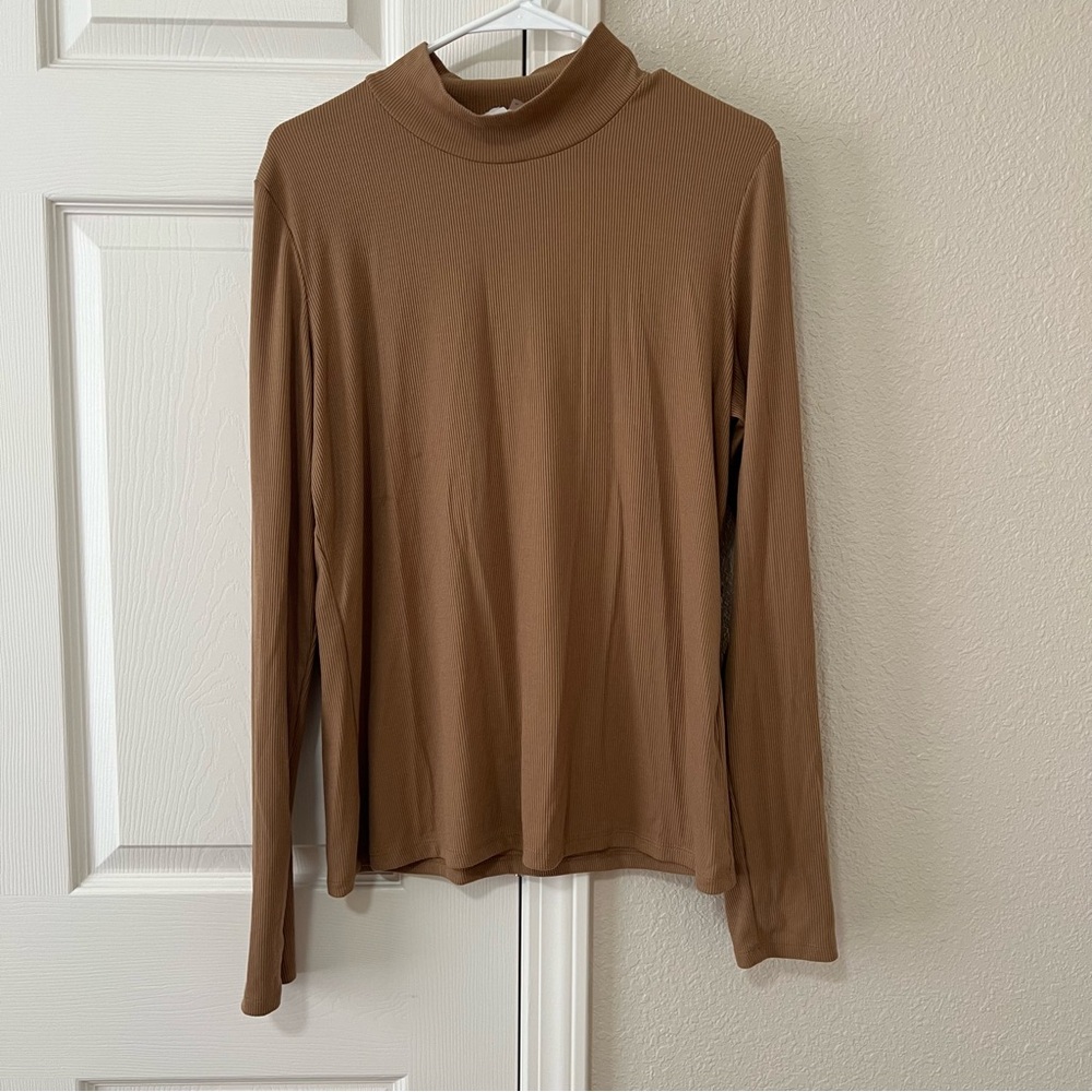 Korye Caramel Brown Women's Ribbed Mock Neck Long Sleeve Shirt - XL